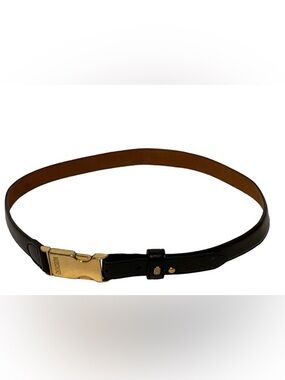 MOSCHINO BELT BLACK GLOSS LEATHER GOLD TONE SIGNED BUCKLE ITALY SIZE 42 S 31”